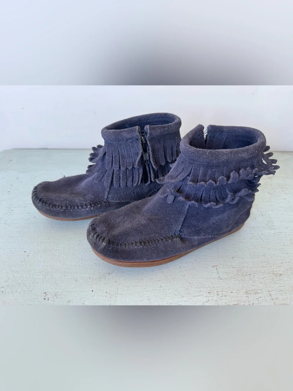 Minnetonka Navy Suede Fringe Moccasin Boots